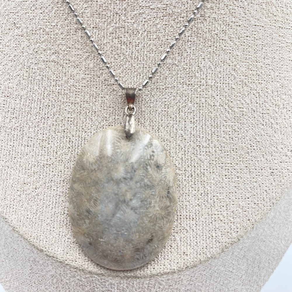 Vintage Natural Agatized Fossil Coral Oval Pendant Necklace Bar Bead Chain Gift
